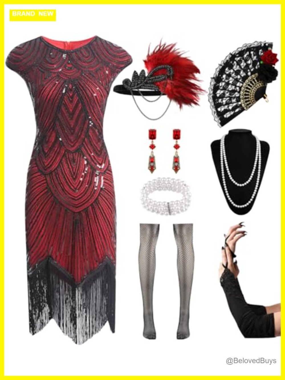 1920s Flapper Dress Sequin Fringe Costume Set with Accessories
